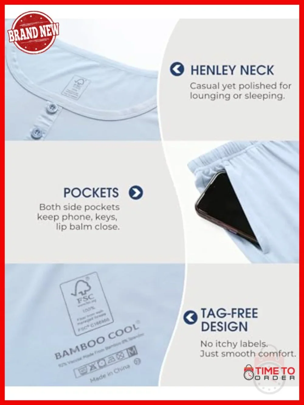 Henley Neck 2 Piece Pajama Set with Pockets